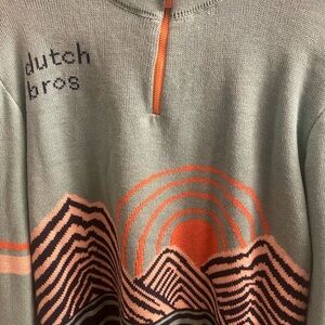 Dutch Bros Blue and Orange Zip Up Sweater with Geometric Design